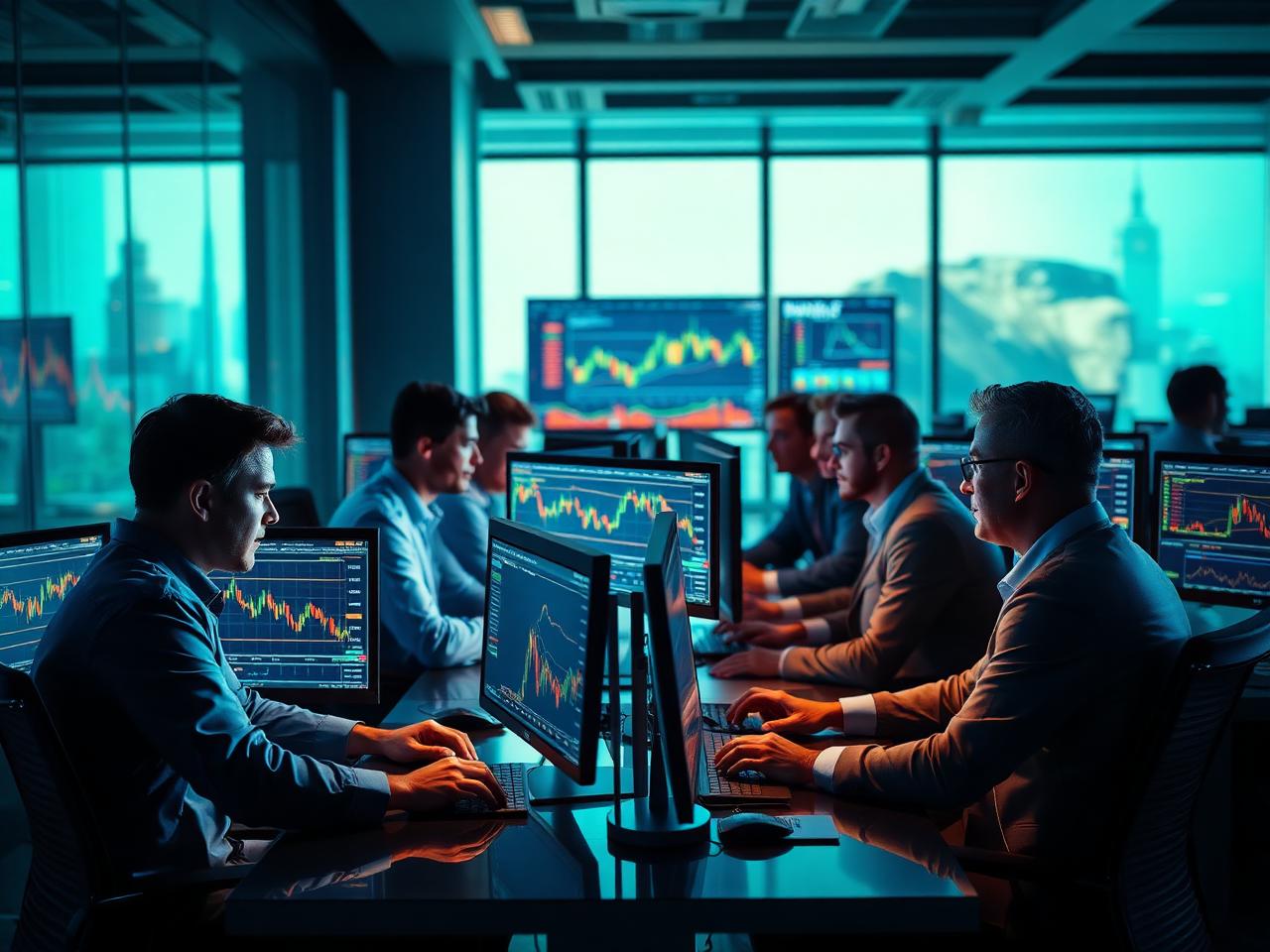 Traders collaborating and analysing charts